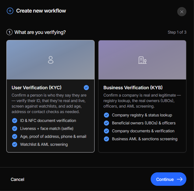 Create new workflow, step 1: User Verification (KYC)